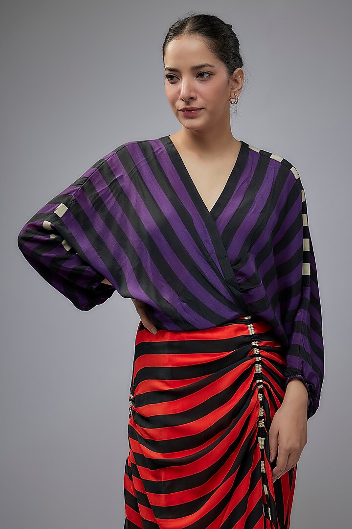 Purple & Orange Crepe Striped Digital Printed Wrap Vacation Dress by Nupur Kanoi at Pernia's Pop Up Shop