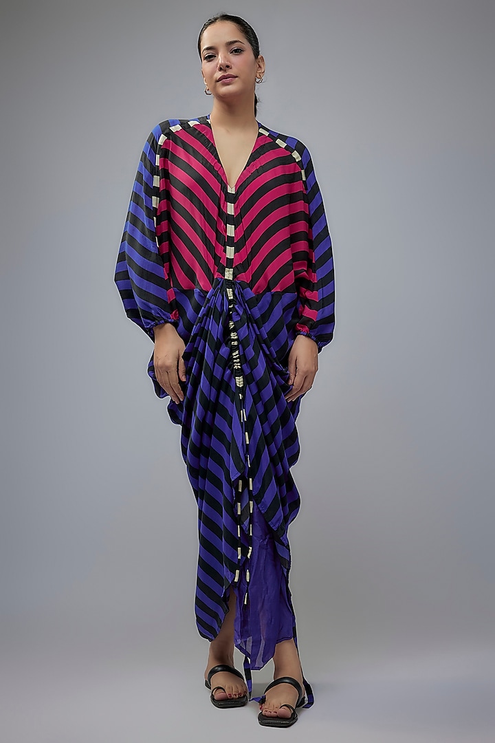 Cobalt Blue & Magenta Crepe Striped Digital Printed Dress by Nupur Kanoi at Pernia's Pop Up Shop