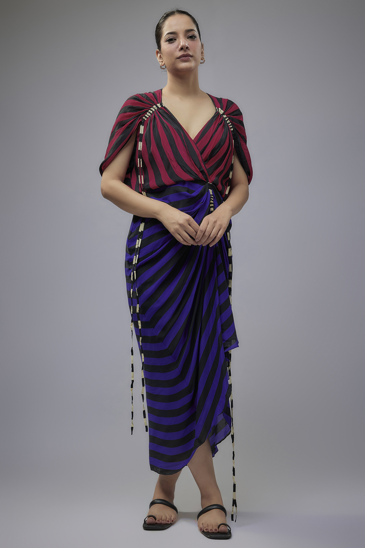 Cobalt Blue & Magenta Crepe Striped Digital Printed Gathered Dress by Nupur Kanoi at Pernia's Pop Up Shop