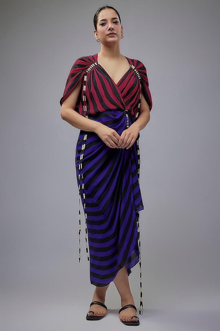 Cobalt Blue & Magenta Crepe Striped Digital Printed Gathered Dress by Nupur Kanoi at Pernia's Pop Up Shop
