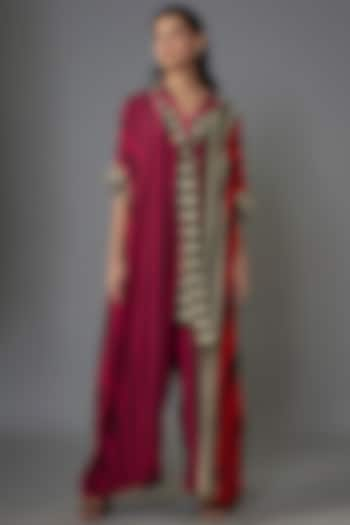 Magenta & Orange Crepe Stripes Printed Kaftan Jumpsuit by Nupur Kanoi at Pernia's Pop Up Shop