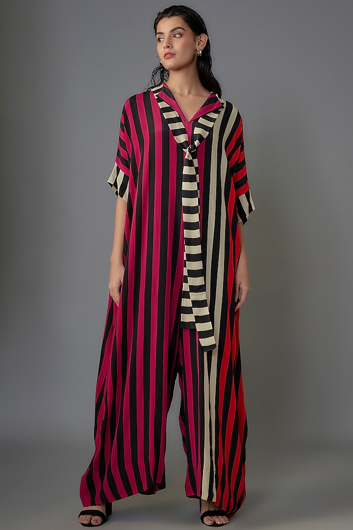 Magenta & Orange Crepe Stripes Printed Kaftan Jumpsuit by Nupur Kanoi at Pernia's Pop Up Shop