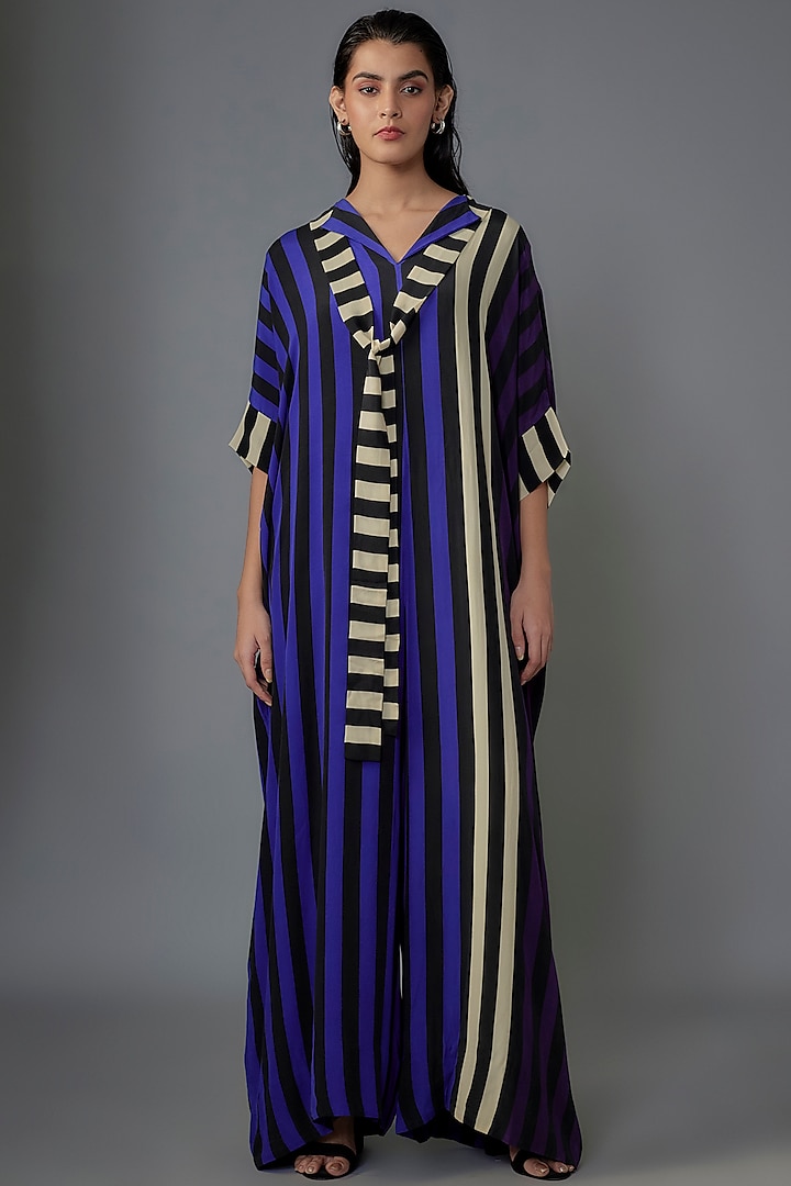 Blue & Purple Crepe Stripes Printed Kaftan Jumpsuit by Nupur Kanoi at Pernia's Pop Up Shop