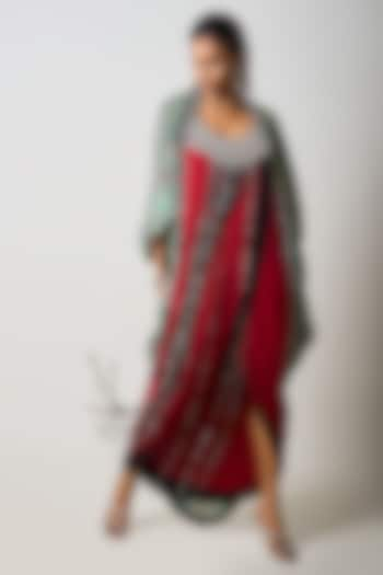 Burgundy Satin Hand Embroidered Double-Sack Jacket Dress by Nupur Kanoi at Pernia's Pop Up Shop