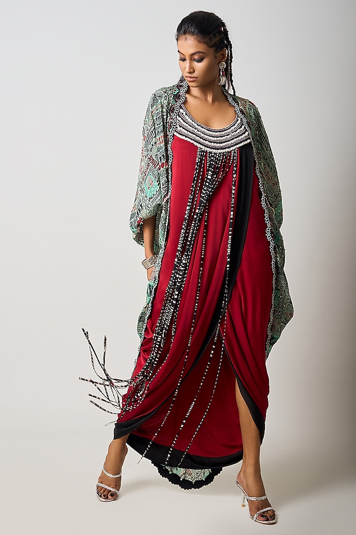 Burgundy Satin Hand Embroidered Double-Sack Jacket Dress by Nupur Kanoi at Pernia's Pop Up Shop