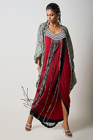 Burgundy Satin Hand Embroidered Double-Sack Jacket Dress by Nupur Kanoi