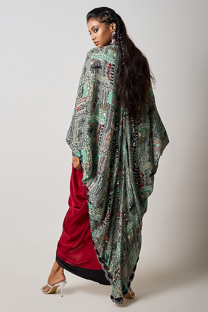 Burgundy Satin Hand Embroidered Double-Sack Jacket Party Wear Dress by Nupur Kanoi at Pernia's Pop Up Shop