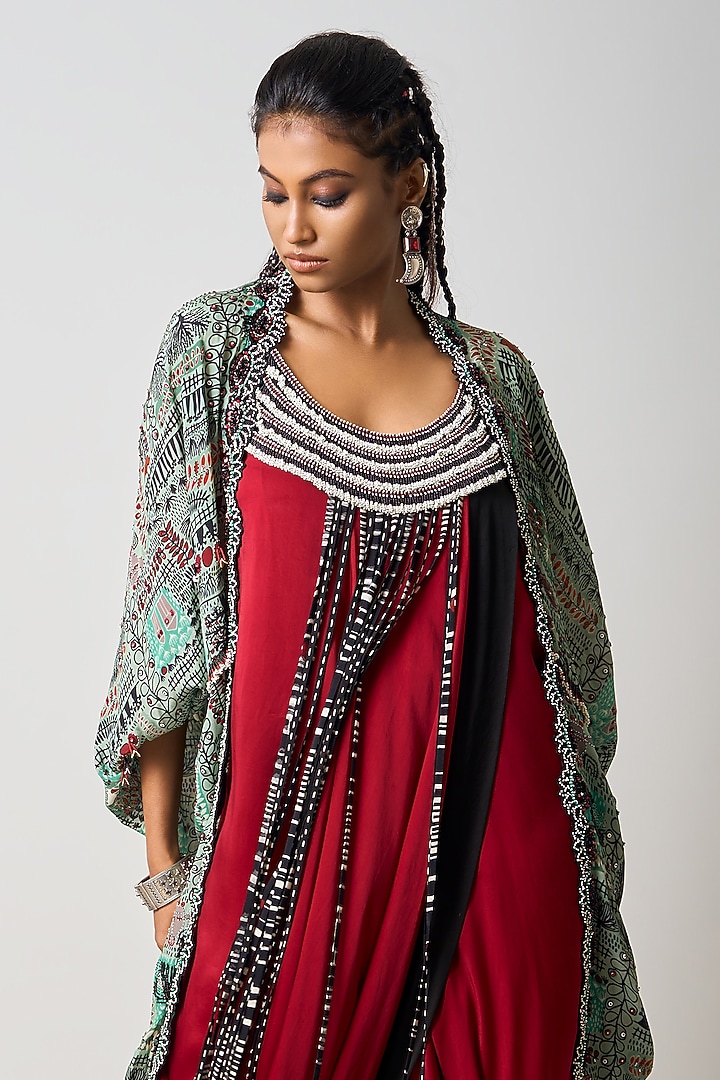 Burgundy Satin Hand Embroidered Double-Sack Jacket Party Wear Dress by Nupur Kanoi at Pernia's Pop Up Shop