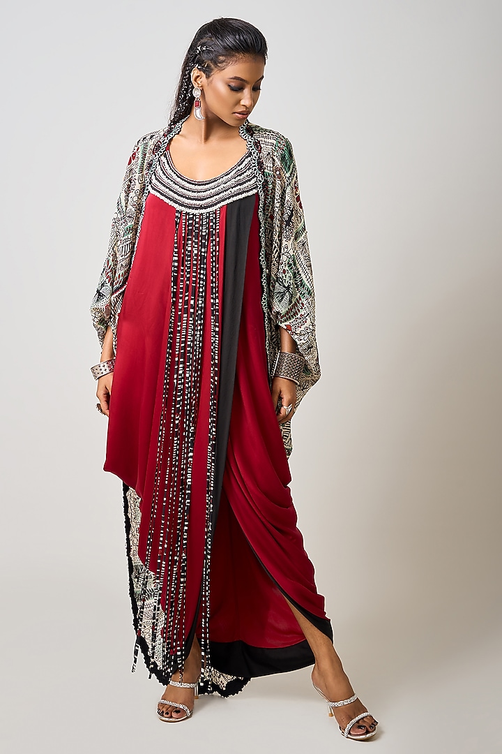 Burgundy Satin Hand Embroidered Double-Sack Jacket Dress by Nupur Kanoi at Pernia's Pop Up Shop