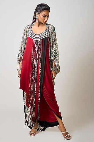 Burgundy Satin Hand Embroidered Double-Sack Jacket Dress by Nupur Kanoi