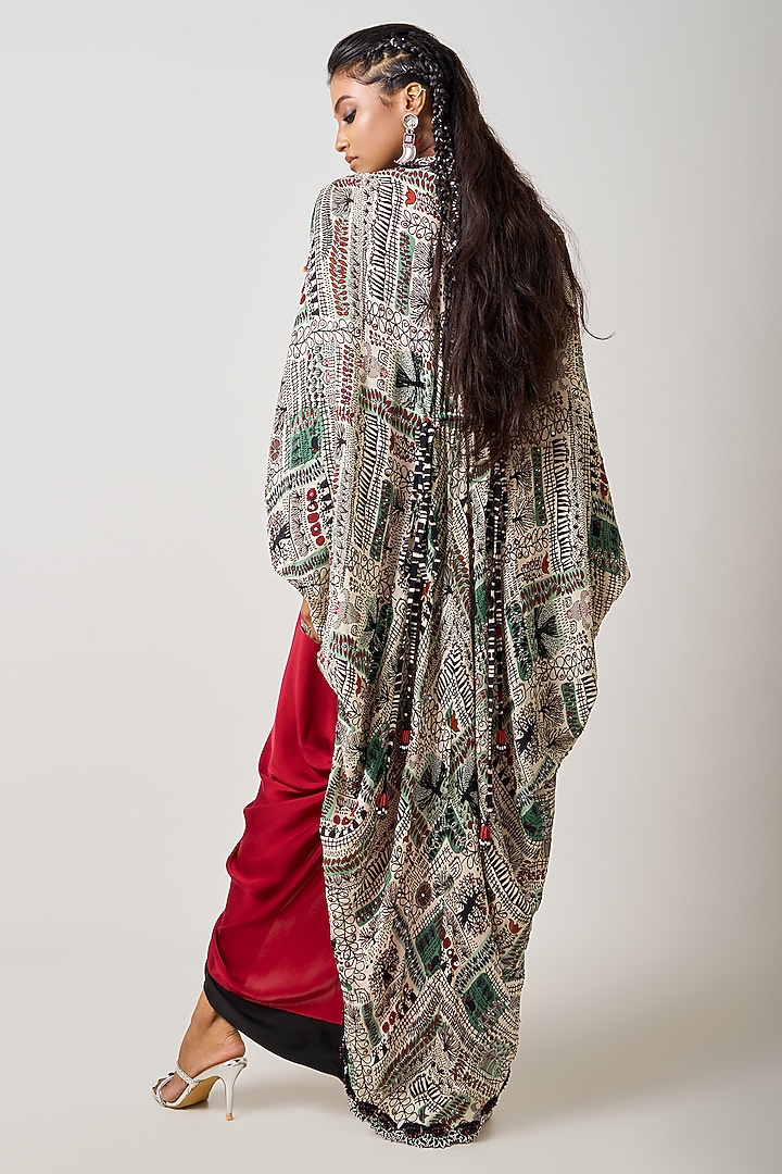 Burgundy Satin Hand Embroidered Double-Sack Jacket Party Wear Dress by Nupur Kanoi at Pernia's Pop Up Shop