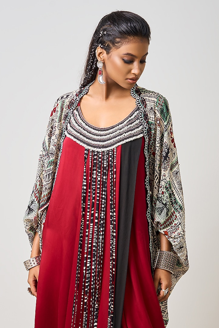 Burgundy Satin Hand Embroidered Double-Sack Jacket Party Wear Dress by Nupur Kanoi at Pernia's Pop Up Shop