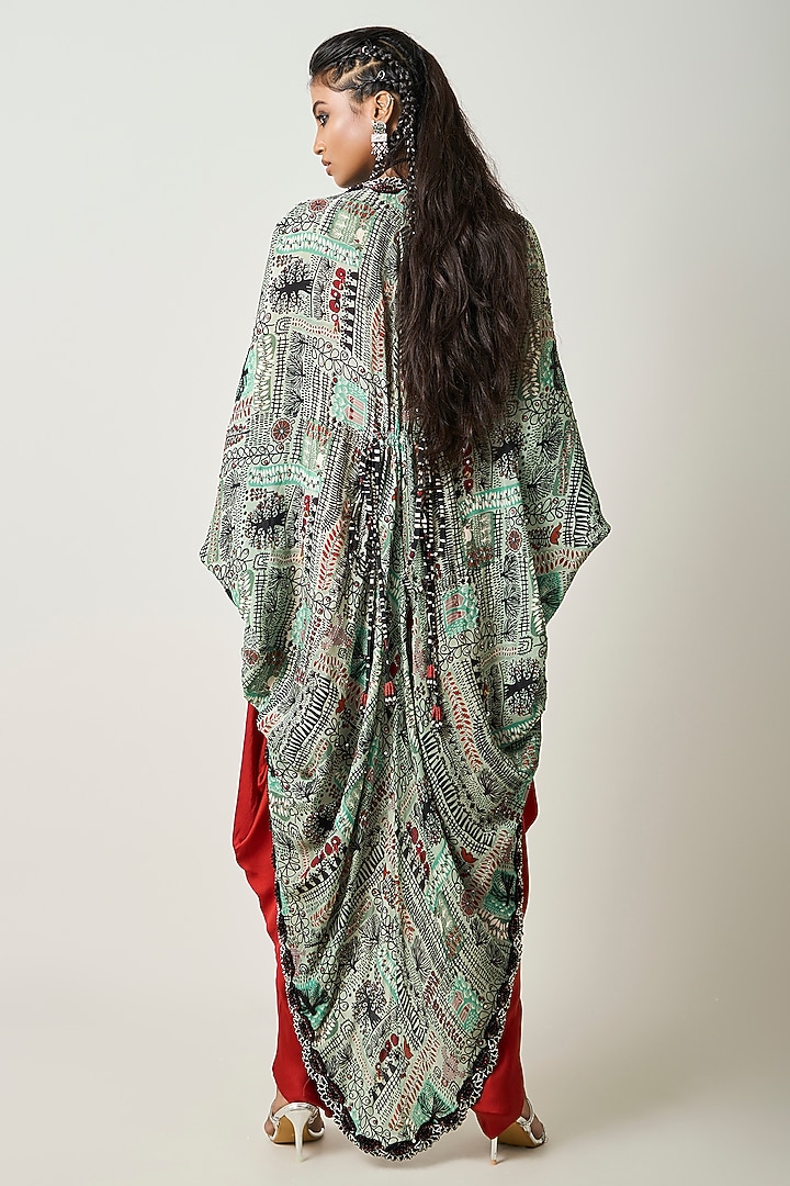 Rust Orange Crepe & Satin Embroidered Draped Jumpsuit With Cape by Nupur Kanoi at Pernia's Pop Up Shop