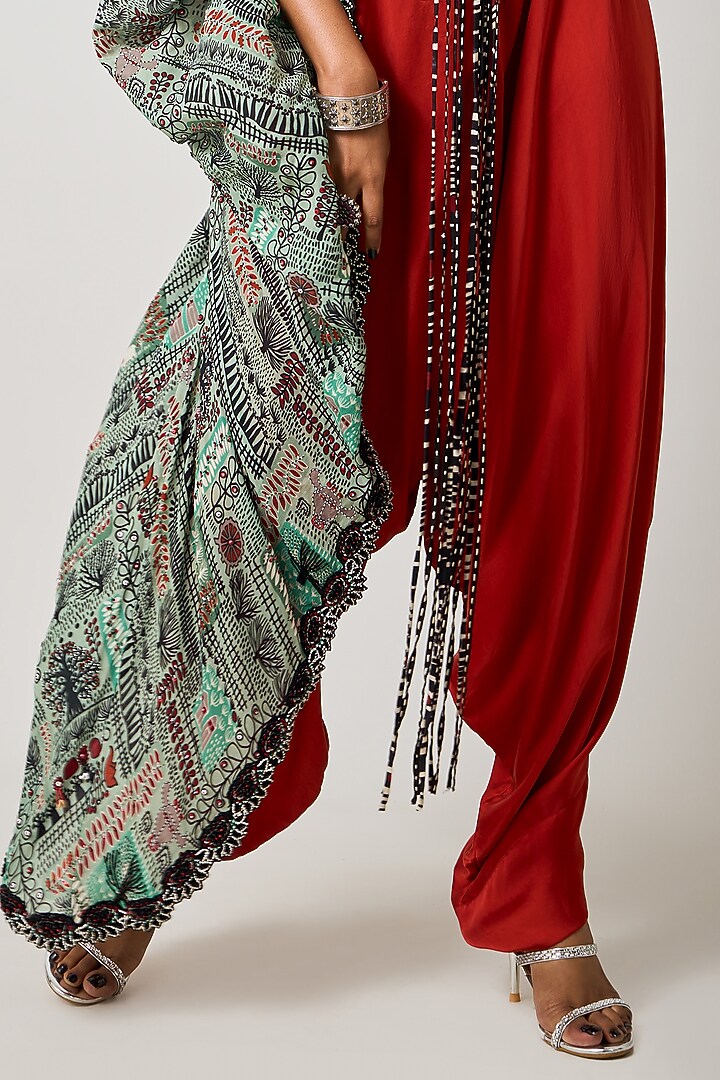 Rust Orange Crepe & Satin Embroidered Draped Jumpsuit With Cape by Nupur Kanoi at Pernia's Pop Up Shop