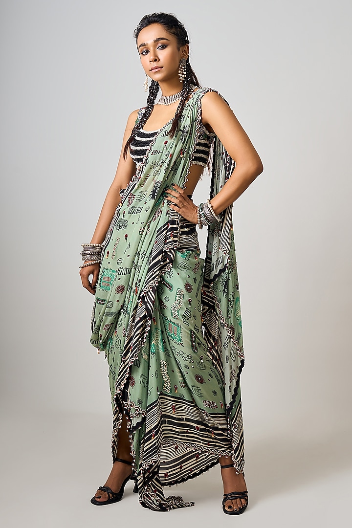 Mint Green Crepe Printed & Hand Embroidered Pre-Draped Cowl Saree Set by Nupur Kanoi