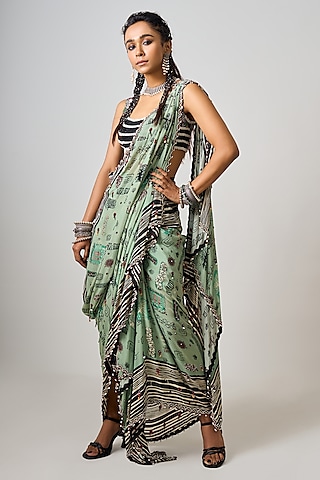 Mint Green Crepe Printed & Hand Embroidered Pre-Draped Cowl Saree Set by Nupur Kanoi