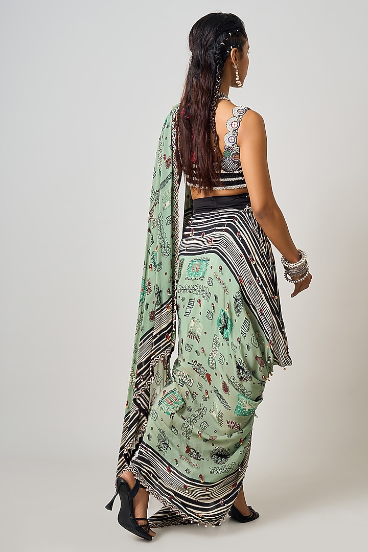 Mint Green Crepe Printed & Hand Embroidered Pre-Draped Cowl Reception Saree Set by Nupur Kanoi at Pernia's Pop Up Shop
