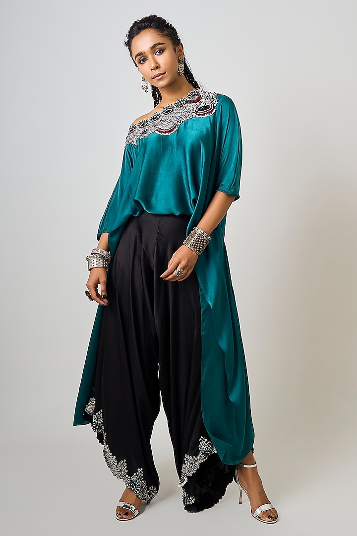 Black Satin Draped Pant Set by Nupur Kanoi