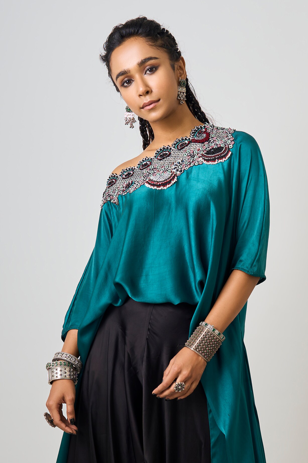 Black Satin Draped Pant Set by Nupur Kanoi at Pernia's Pop Up Shop