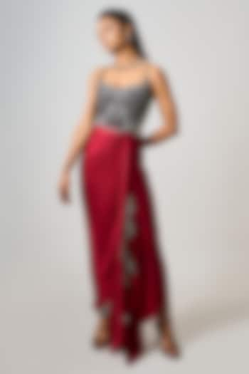 Burgundy Satin Hand Embroidered Maxi Dress by Nupur Kanoi at Pernia's Pop Up Shop