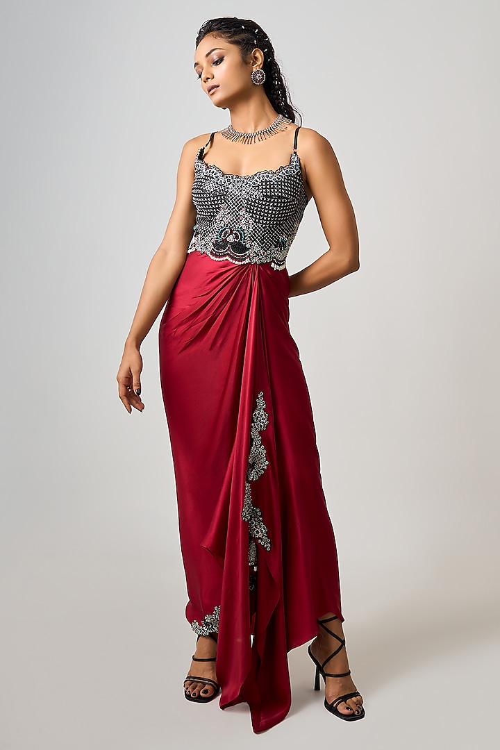 Burgundy Satin Hand Embroidered Maxi Dress by Nupur Kanoi at Pernia's Pop Up Shop