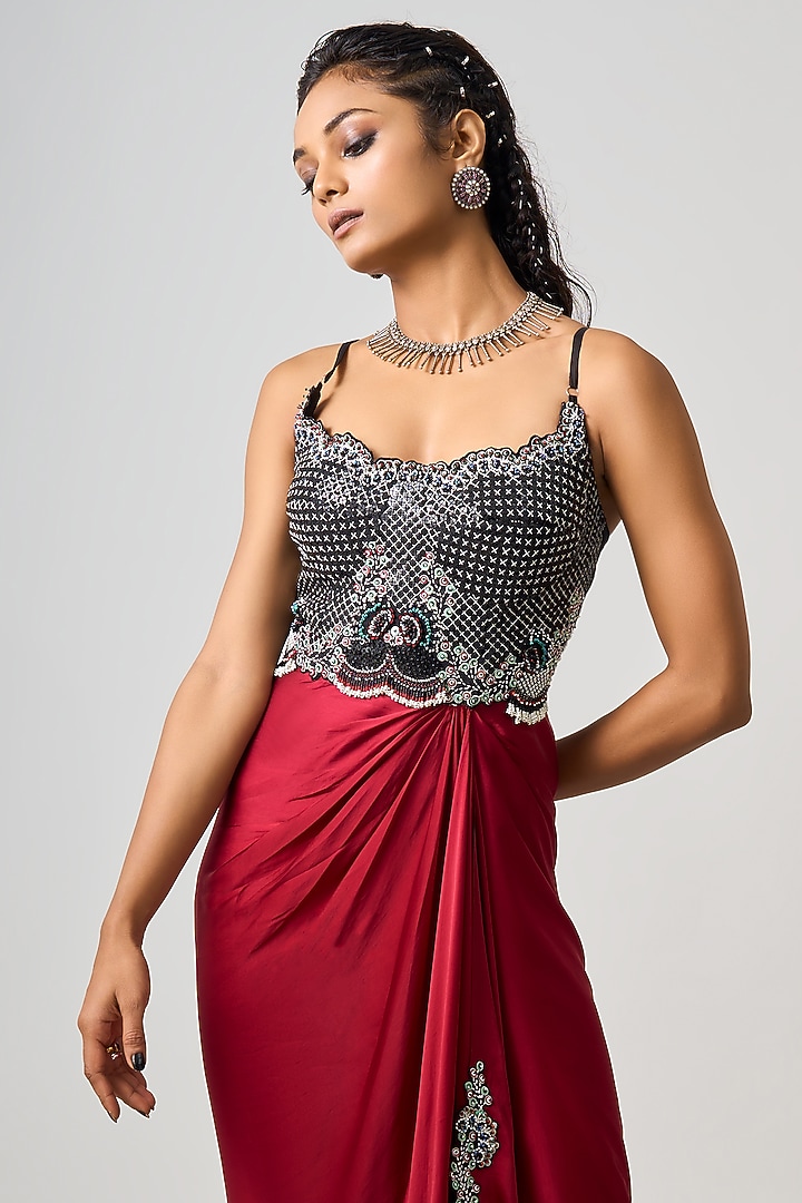 Burgundy Satin Hand Embroidered Maxi Cocktail Dress by Nupur Kanoi at Pernia's Pop Up Shop