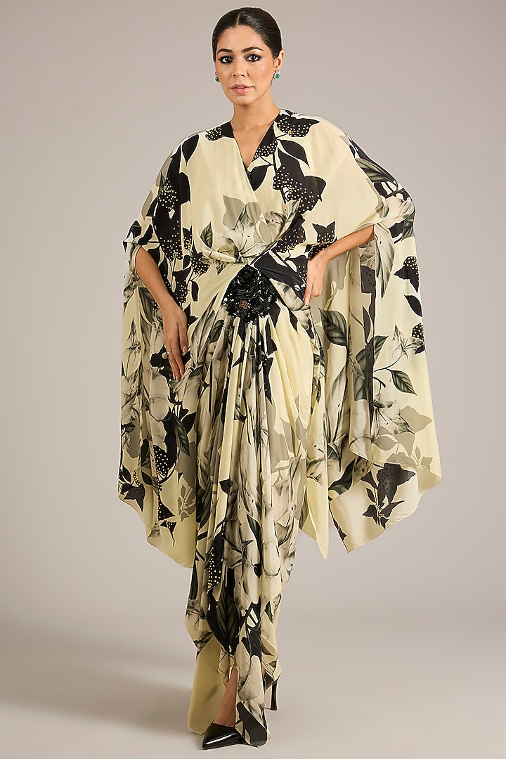 Off-White Crepe Printed Kaftan Cocktail Dress by Nupur Kanoi at Pernia's Pop Up Shop