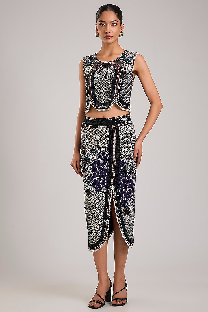 Navy Blue Crepe Hand Embroidered Pencil Skirt Set by Nupur Kanoi at Pernia's Pop Up Shop