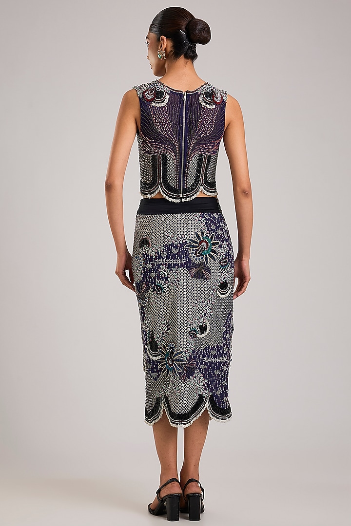 Navy Blue Crepe Hand Embroidered Pencil Skirt Set by Nupur Kanoi at Pernia's Pop Up Shop