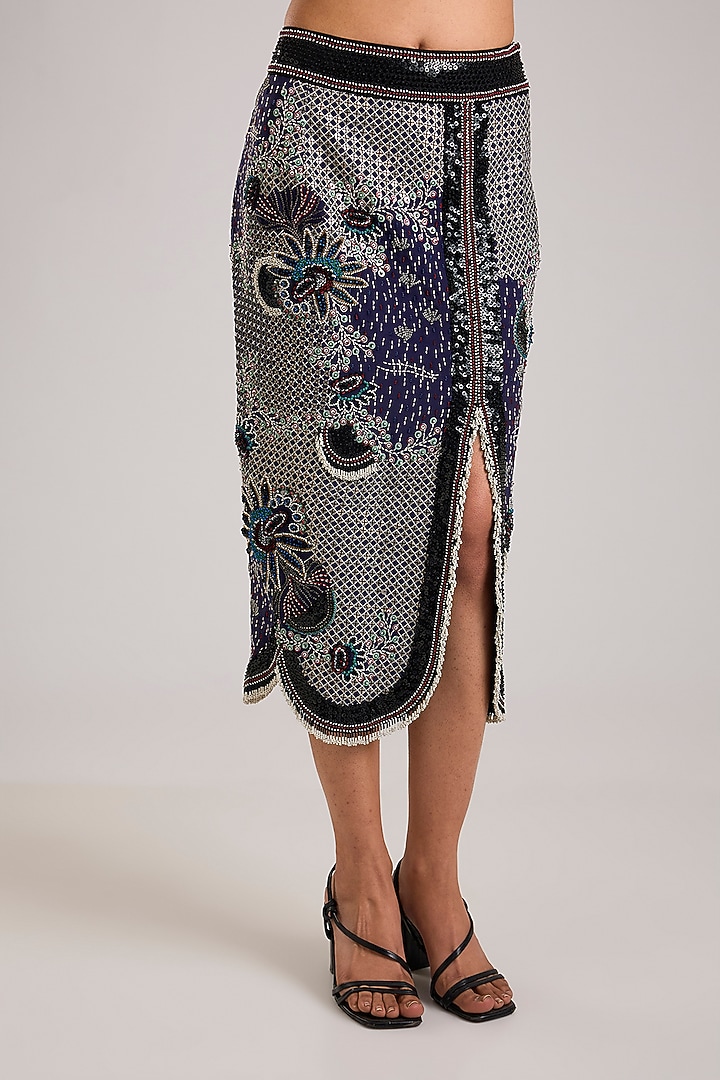 Navy Blue Crepe Hand Embroidered Pencil Skirt Set by Nupur Kanoi at Pernia's Pop Up Shop