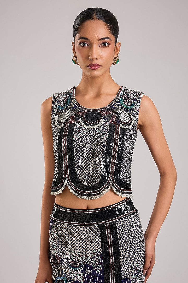 Navy Blue Crepe Hand Embroidered Pencil Skirt Set by Nupur Kanoi at Pernia's Pop Up Shop