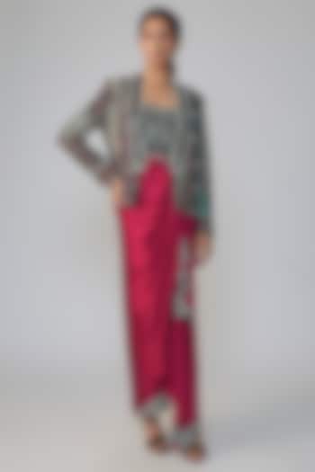 Black & Burgundy Satin Printed Party Wear Dress With Blazer by Nupur Kanoi at Pernia's Pop Up Shop