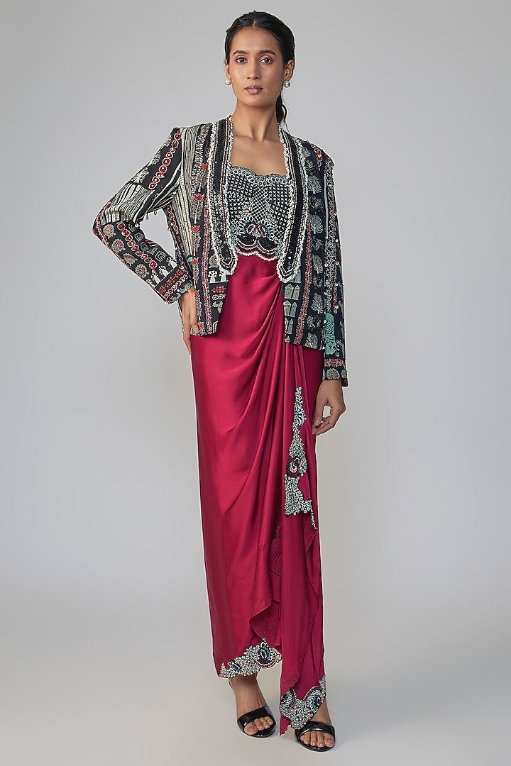 Black & Burgundy Satin Printed Party Wear Dress With Blazer by Nupur Kanoi at Pernia's Pop Up Shop