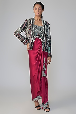 Black & Burgundy Satin Printed Dress With Blazer by Nupur Kanoi