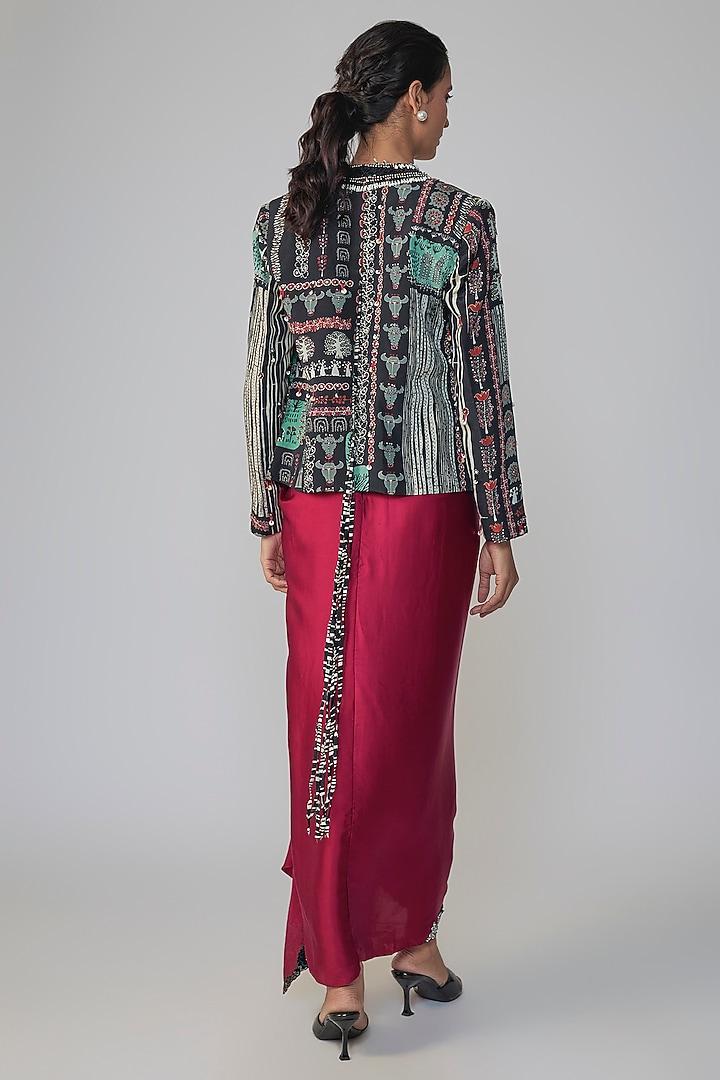 Black & Burgundy Satin Printed Party Wear Dress With Blazer by Nupur Kanoi at Pernia's Pop Up Shop