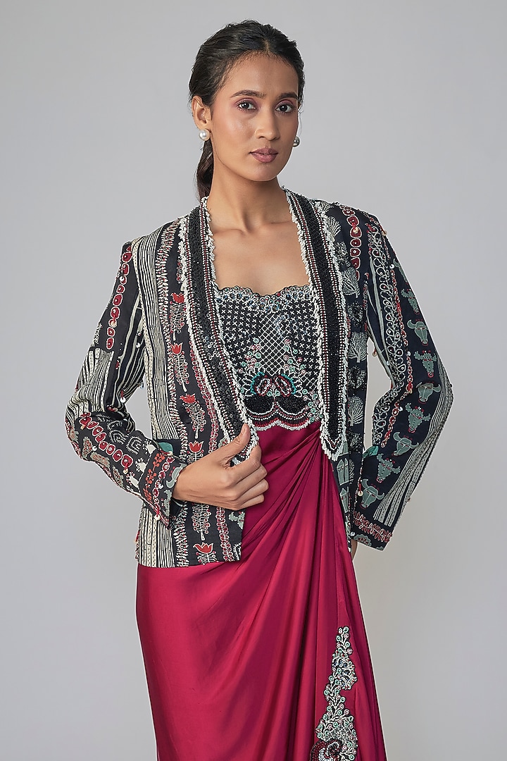 Black & Burgundy Satin Printed Party Wear Dress With Blazer by Nupur Kanoi at Pernia's Pop Up Shop
