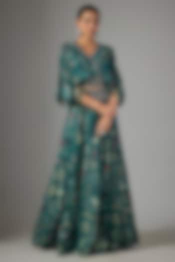 Teal Crepe Digital Printed Kalidar Wedding Lehenga Set by Nupur Kanoi at Pernia's Pop Up Shop