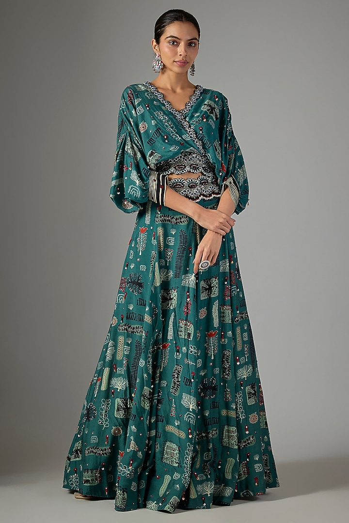 Teal Crepe Digital Printed Kalidar Wedding Lehenga Set by Nupur Kanoi at Pernia's Pop Up Shop