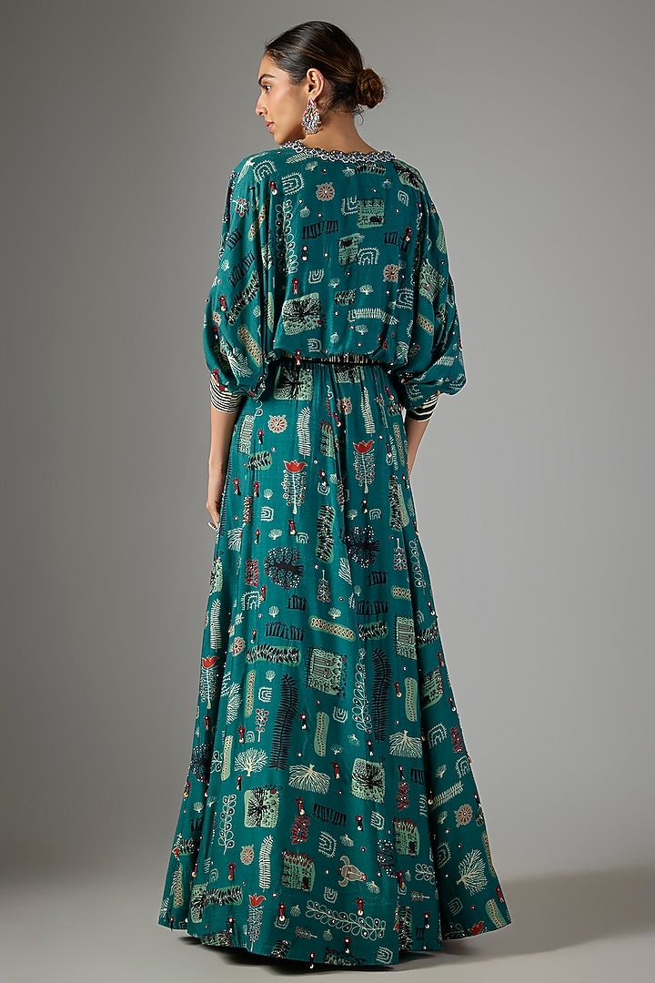 Teal Crepe Digital Printed Kalidar Wedding Lehenga Set by Nupur Kanoi at Pernia's Pop Up Shop