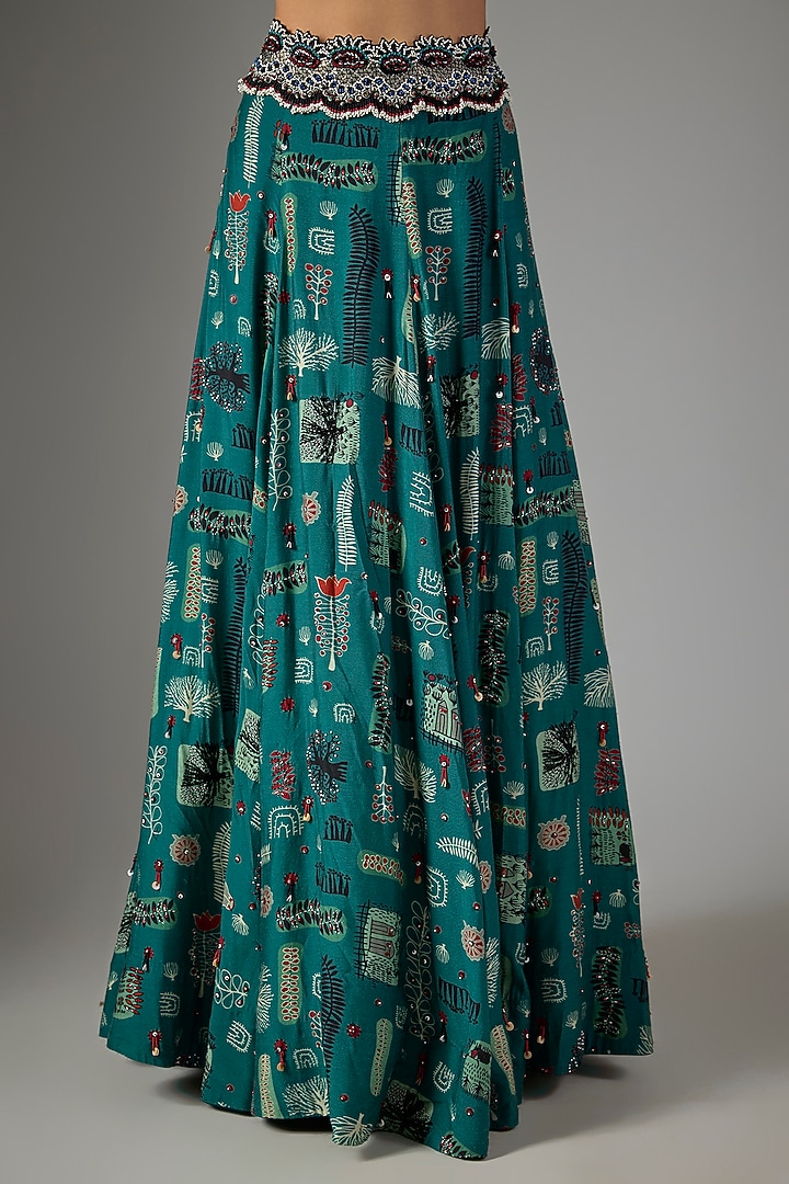 Teal Crepe Digital Printed Kalidar Wedding Lehenga Set by Nupur Kanoi at Pernia's Pop Up Shop