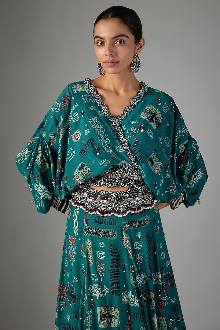 Teal Crepe Digital Printed Kalidar Wedding Lehenga Set by Nupur Kanoi at Pernia's Pop Up Shop