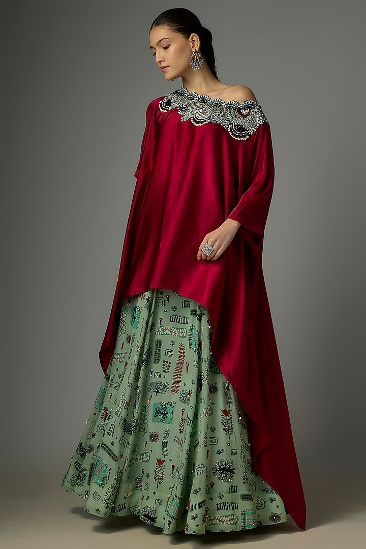 Mint Georgette Printed & Embroidered Wedding Lehenga Set by Nupur Kanoi at Pernia's Pop Up Shop