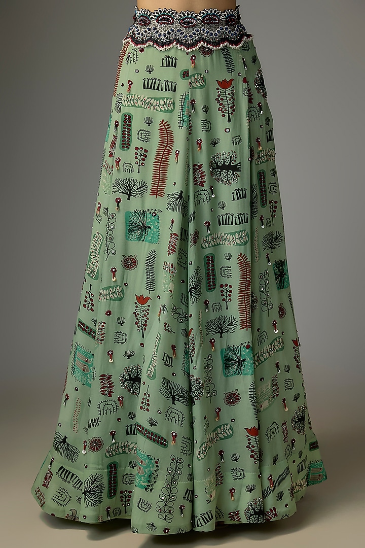 Mint Georgette Printed & Embroidered Wedding Lehenga Set by Nupur Kanoi at Pernia's Pop Up Shop