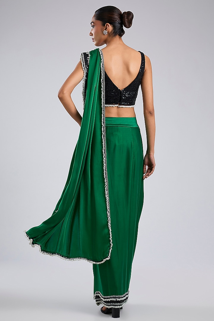 Green Satin Draped Slit Reception Saree Set by Nupur Kanoi at Pernia's Pop Up Shop
