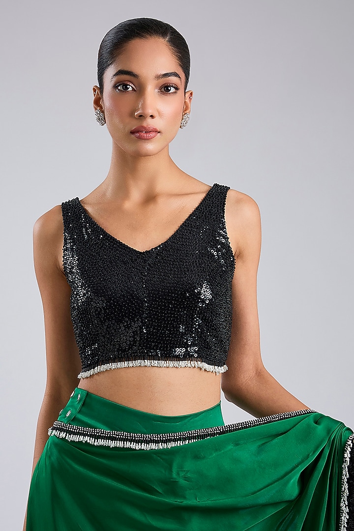 Green Satin Draped Slit Reception Saree Set by Nupur Kanoi at Pernia's Pop Up Shop