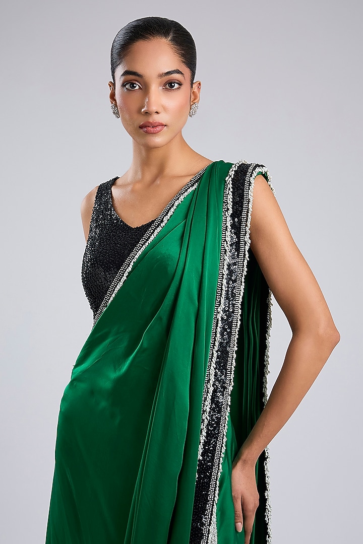 Green Satin Draped Slit Reception Saree Set by Nupur Kanoi at Pernia's Pop Up Shop
