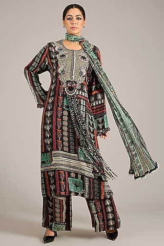 Black Crepe Printed Kurta Set by Nupur Kanoi
