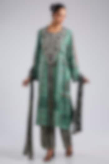 Green Silk Printed & Hand Embroidered Kaftan Kurta Set by Nupur Kanoi at Pernia's Pop Up Shop