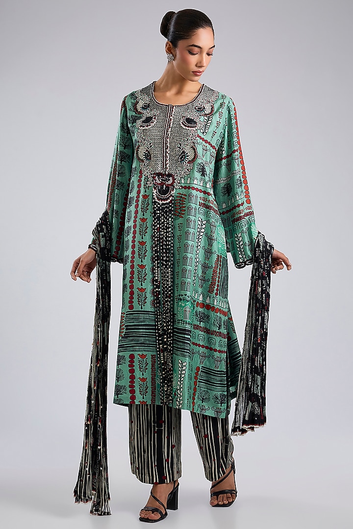 Green Silk Printed & Hand Embroidered Kaftan Kurta Set by Nupur Kanoi at Pernia's Pop Up Shop