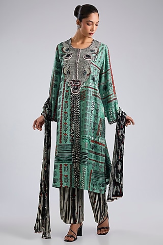 Green Silk Printed & Hand Embroidered Kaftan Kurta Set by Nupur Kanoi